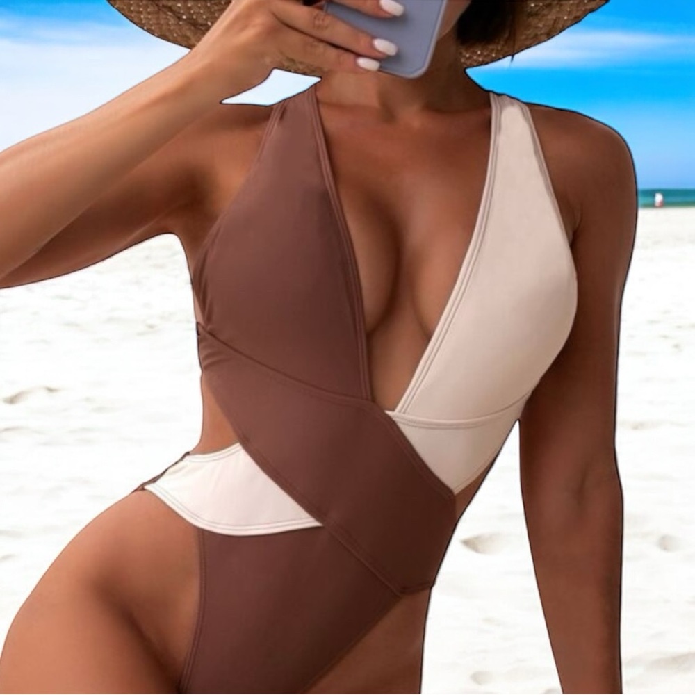 NEW!! Brown and Cream Women Swim One Piece